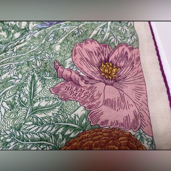 Hermes Shawl Scarf Retour a la Nature Stole Floral Cashmere Silk Auth 140 cm - Picture 7 of 9